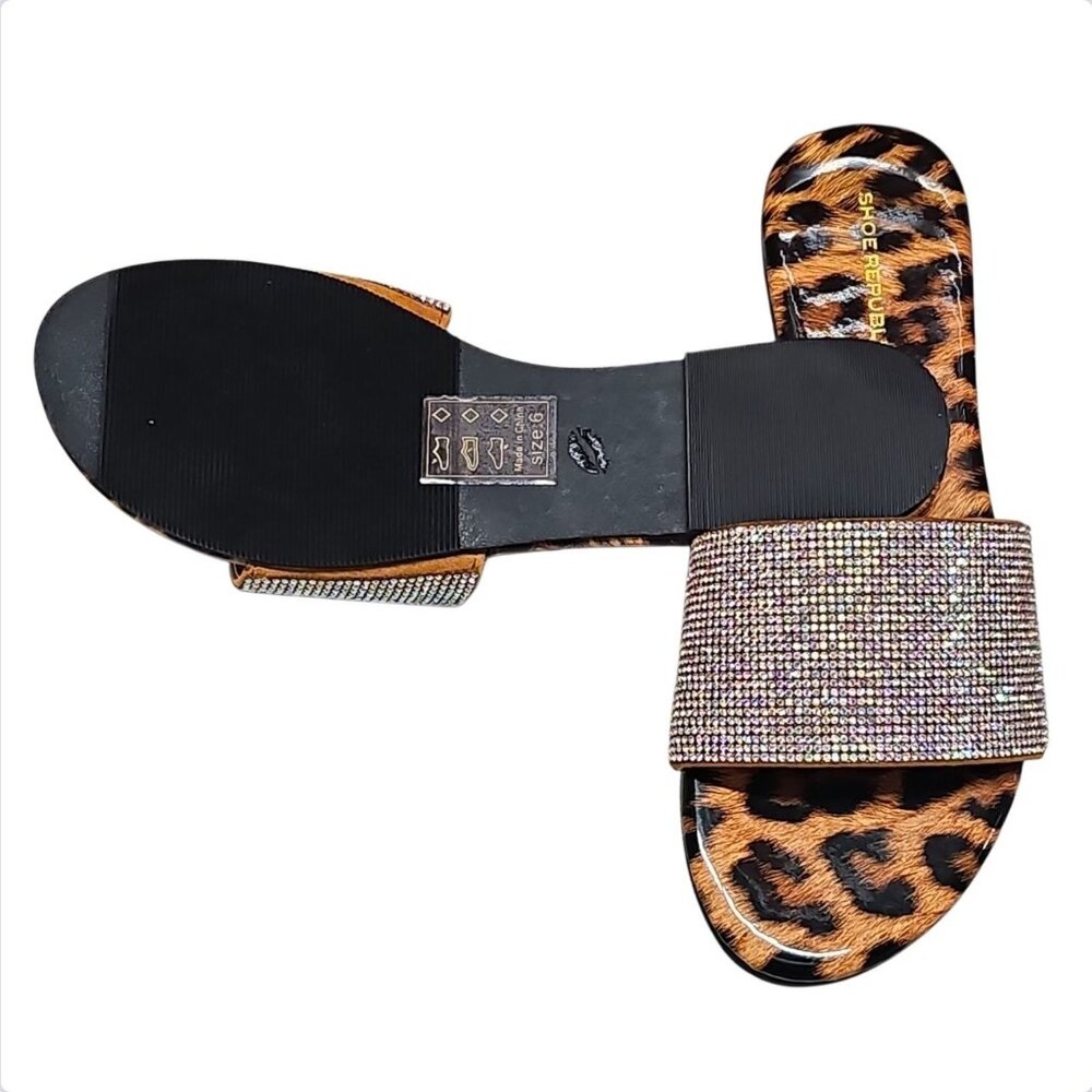 Leopard Print Slides With Rhinestone Straps Stylish Womens Sandals - Picture 4 of 7